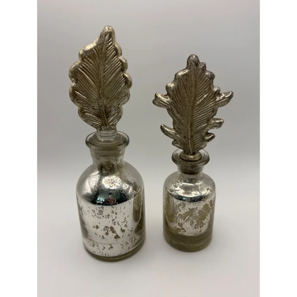 Pottery Barn Mercury Glass Bottles Set of 2 Silver Leaf Stopper Decorative Vases